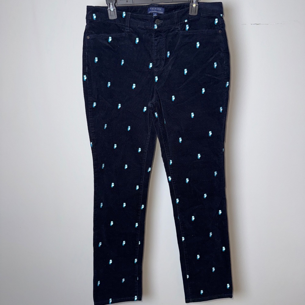 Talbots Womens Navy Blue Owl Embroidered Corduroy Pants Straight Leg Size 12